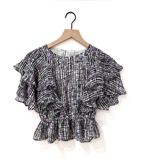 Express Geometric Abstract Ruffle Sleeve Work Peplum Top Size Small - Picture 1 of 6